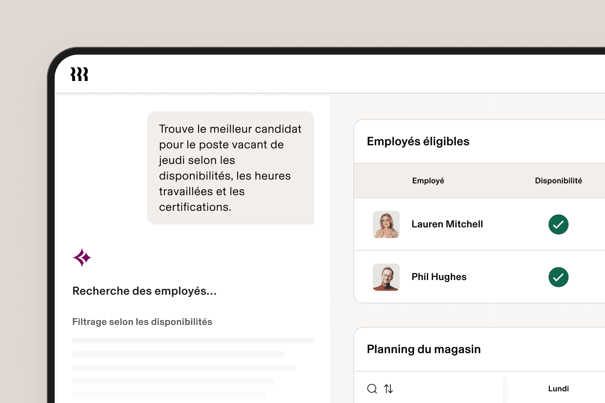 Capture d’écran de l’interface de planification du personnel dans Rippling, montrant comment l’IA affecte les collaborateurs à un poste ouvert en fonction de leurs disponibilités, de leurs heures travaillées et de leurs certifications