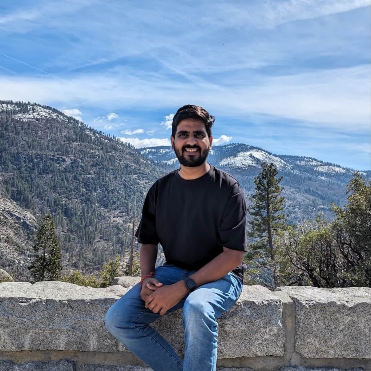 Rippler Balram Khichar with a view of tree tops and mountains, and a blue sky with wispy clouds.