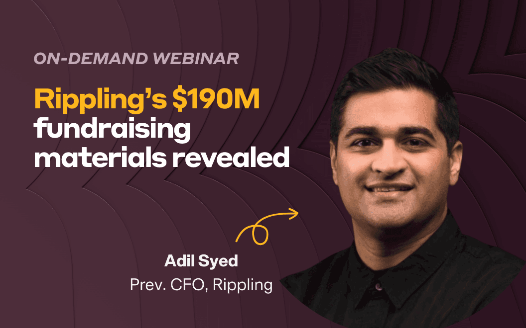 Photograph of Adil Syed, former CFO of Rippling, with text that says, "On-demand webinar: Rippling’s $190M fundraising materials revealed," to the left.