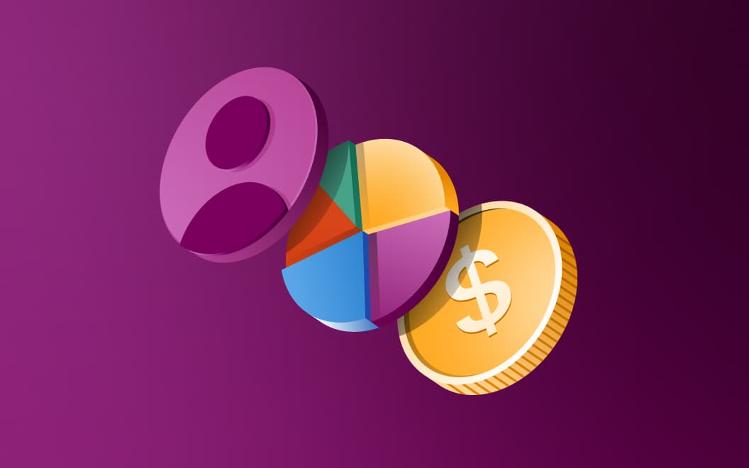 User icon, a pie chart, and a coin.