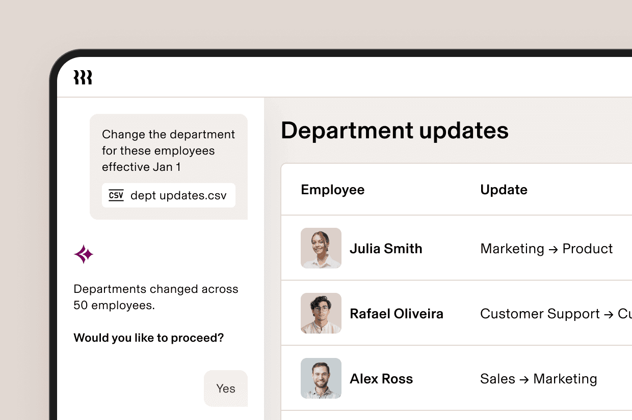 HR software UI showing department updates for employees, with a CSV upload prompt and a list of staff transfers.