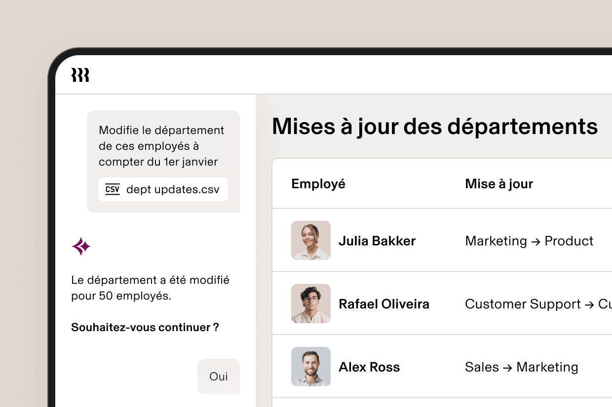 HR software UI showing department updates for employees, with a CSV upload prompt and a list of staff transfers.