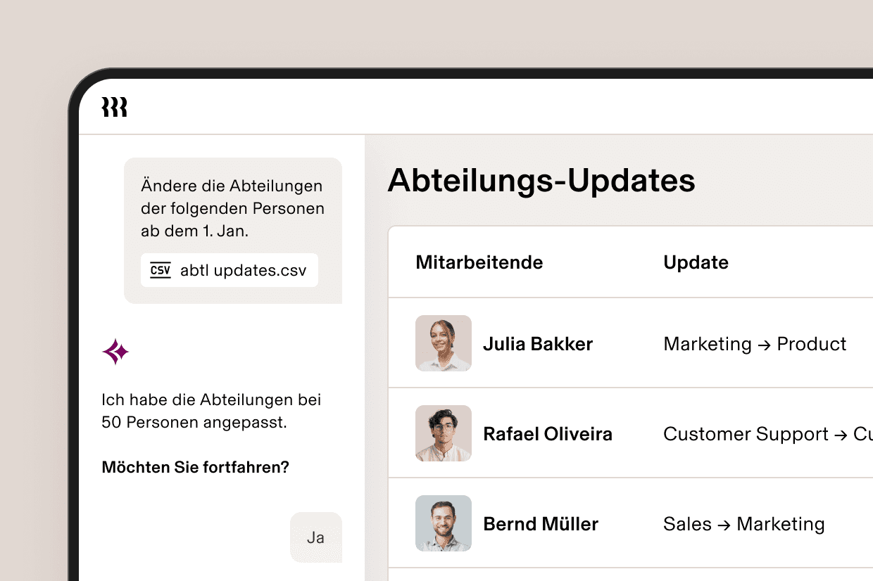 HR software UI showing department updates for employees, with a CSV upload prompt and a list of staff transfers.