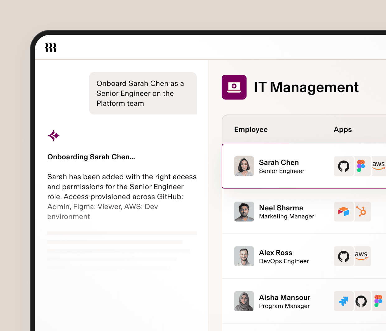 Screenshot of an IT management dashboard in Rippling showing employee onboarding, assigned apps and devices, and automated access provisioning for a new hire