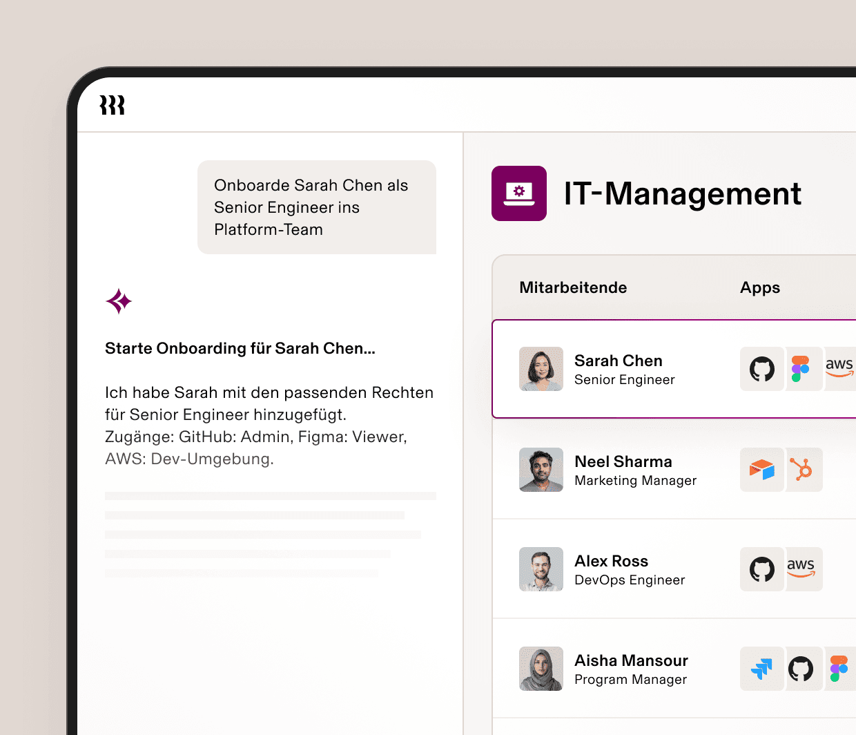 Screenshot of an IT management dashboard in Rippling showing employee onboarding, assigned apps and devices, and automated access provisioning for a new hire