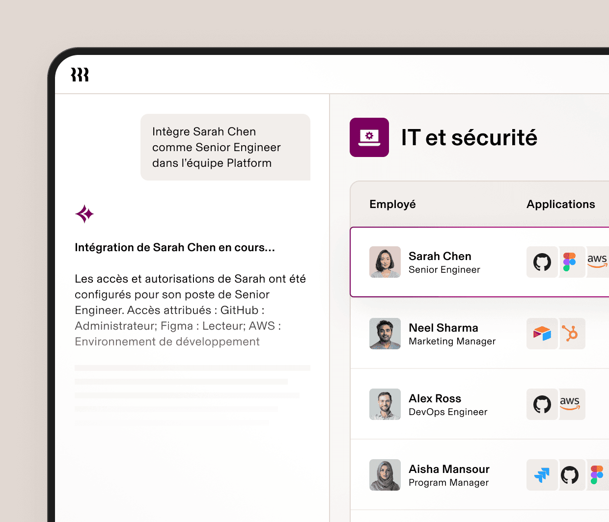 Screenshot of an IT management dashboard in Rippling showing employee onboarding, assigned apps and devices, and automated access provisioning for a new hire