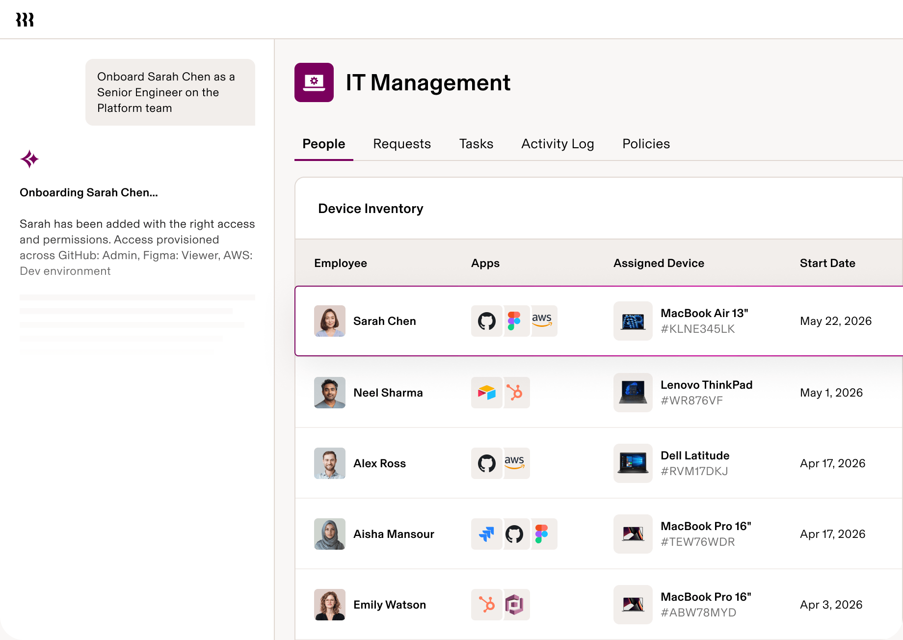 Screenshot of an IT management dashboard in Rippling showing employee onboarding, assigned apps and devices, and automated access provisioning for a new hire