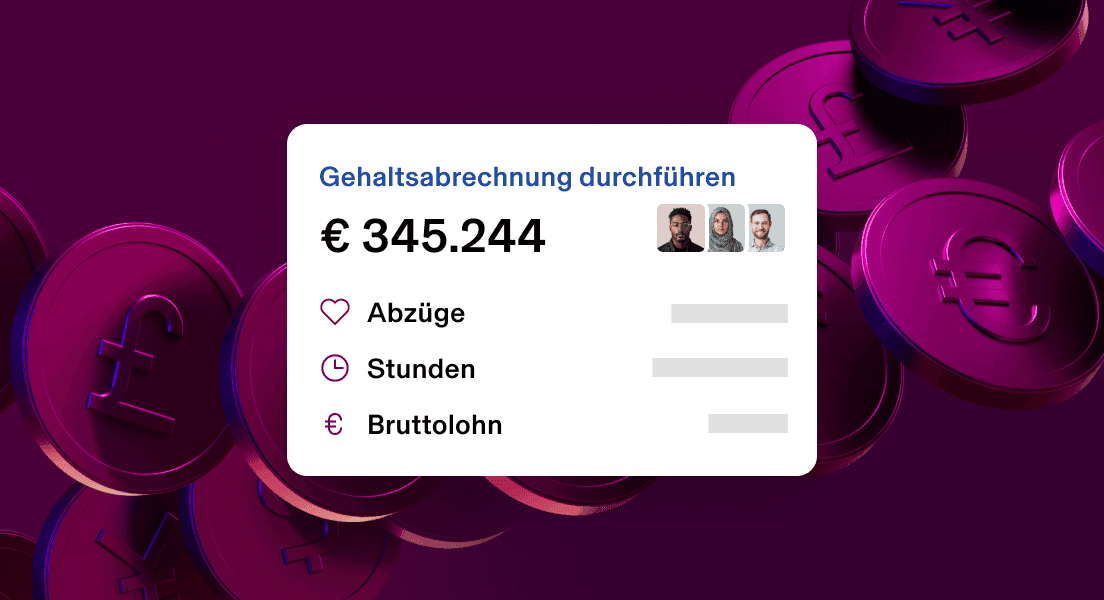 Dashboard der Entgeltabrechnung, das insgesamt 345.244 $ an Abzügen, Arbeitsstunden und Bruttoentgeltoptionen vor einem dunkelvioletten Hintergrund zeigt.