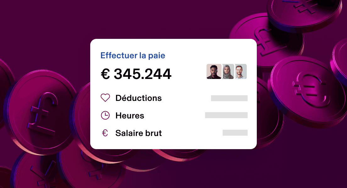 Tableau de bord de gestion de la paie présentant un total cumulé de 345 244 $, avec les options de retenues sur salaire, d’heures et de salaire brut sur un fond violet foncé.