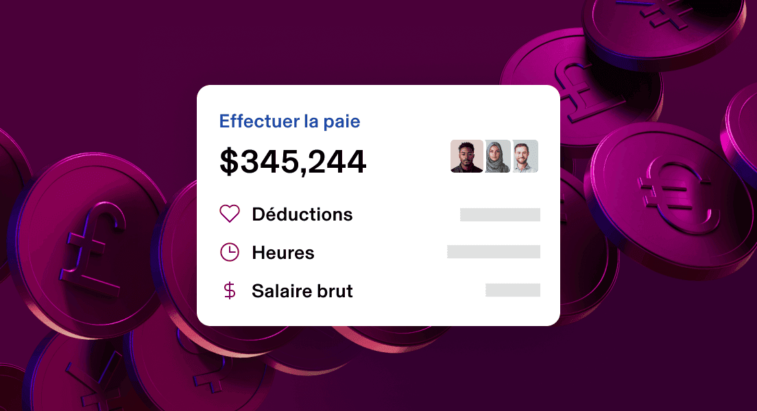 Tableau de bord de la paie affichant un total cumulé de 345 244 $ avec les retenues, les heures et les options de rémunération brute sur fond violet foncé.