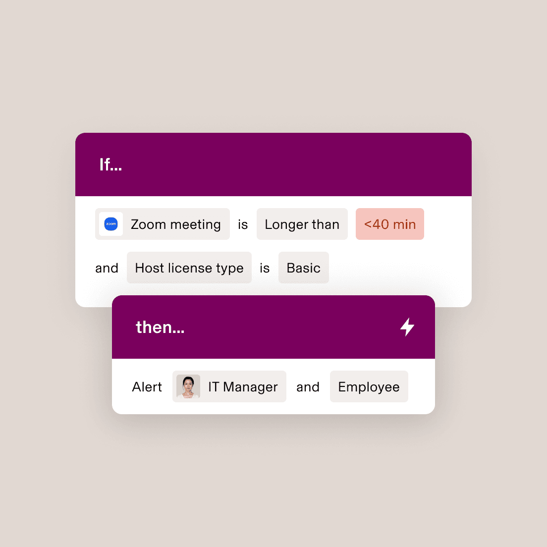 Automatisierungs-Workflow mit der Bedingung, dass IT-Manager und Mitarbeiter benachrichtigt werden sollen, wenn ein Zoom-Meeting unter Basislizenz 40 Minuten Länge überschreitet.