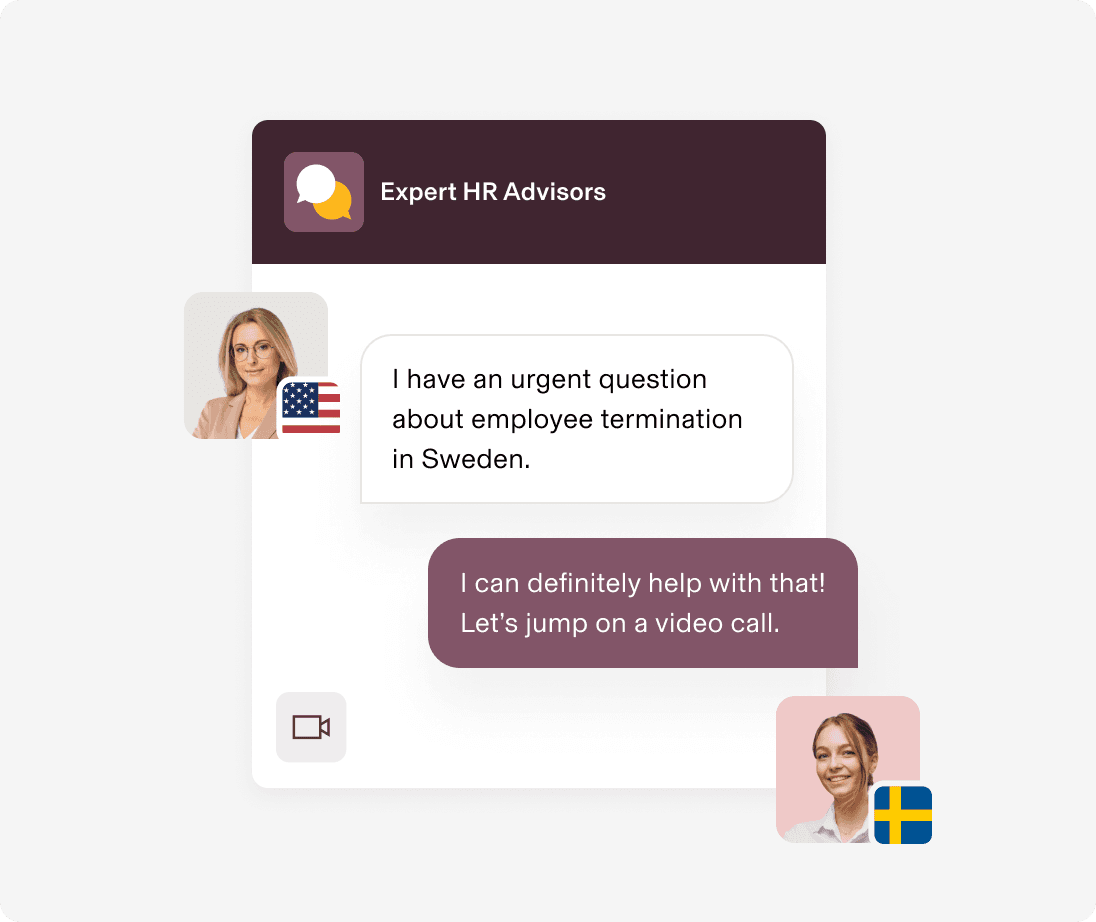 A chat interface showing an Expert HR Advisors conversation between a US user and a Swedish advisor about employee termination.