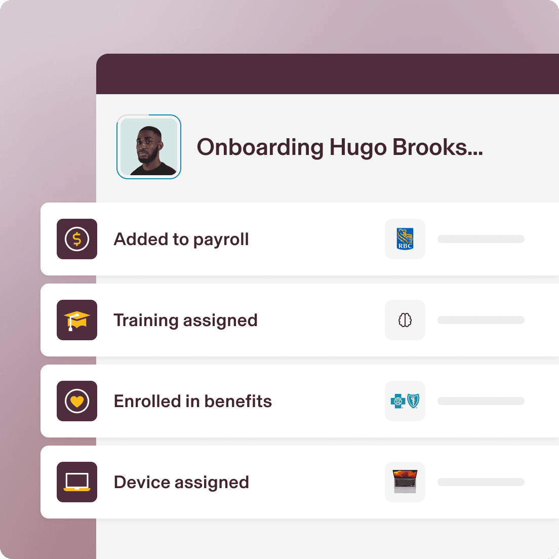 UI illustration of onboarding process in Rippling with steps including: Added to payroll, Training assigned, Enrolled in benefits, and Device assigned
