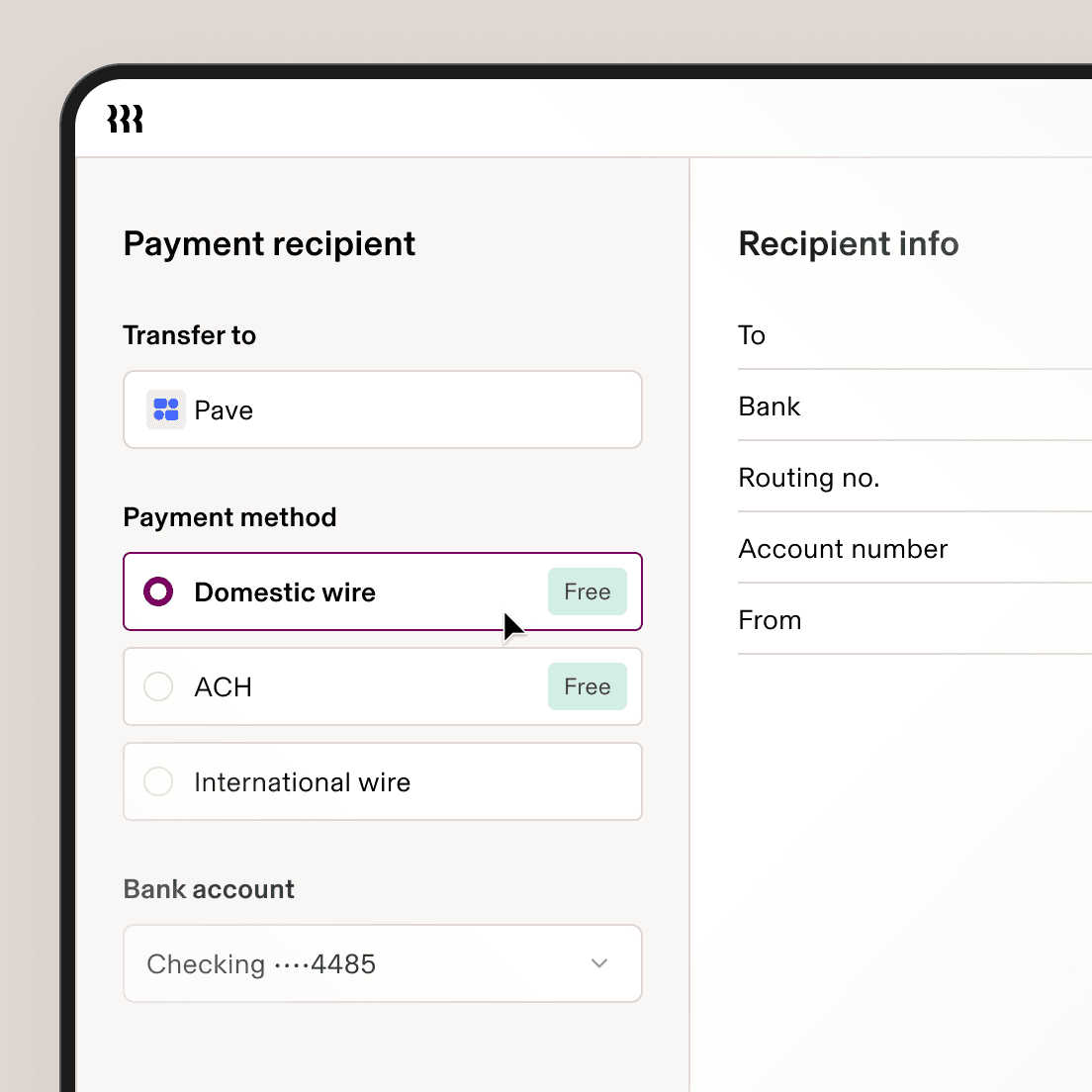 A payment recipient form showing transfer to Pave, with Domestic wire selected as the payment method and a checking account ending in 4485.
