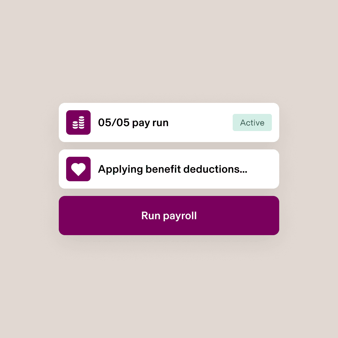 Screenshot of a Rippling automated rule titled Mar 11 pay run and an in-progress one step that says Applying benefit deductions