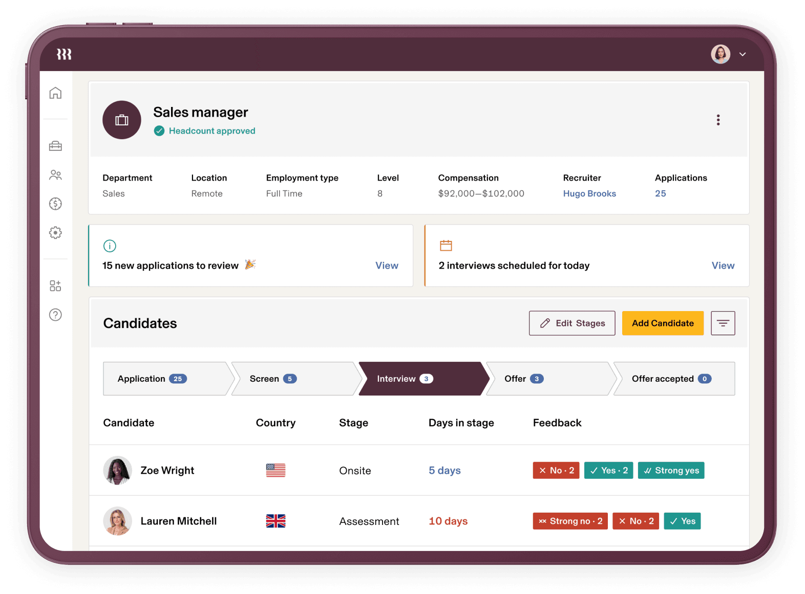 Screenshot of a dashboard in Rippling Recruiting showing recruiting stats and candidate statuses