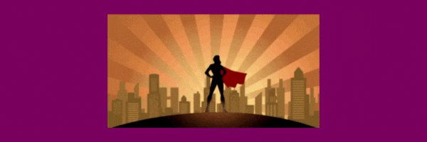 Animated gif of a superhero posing in front of a city skyline, with their cape billowing in the air.