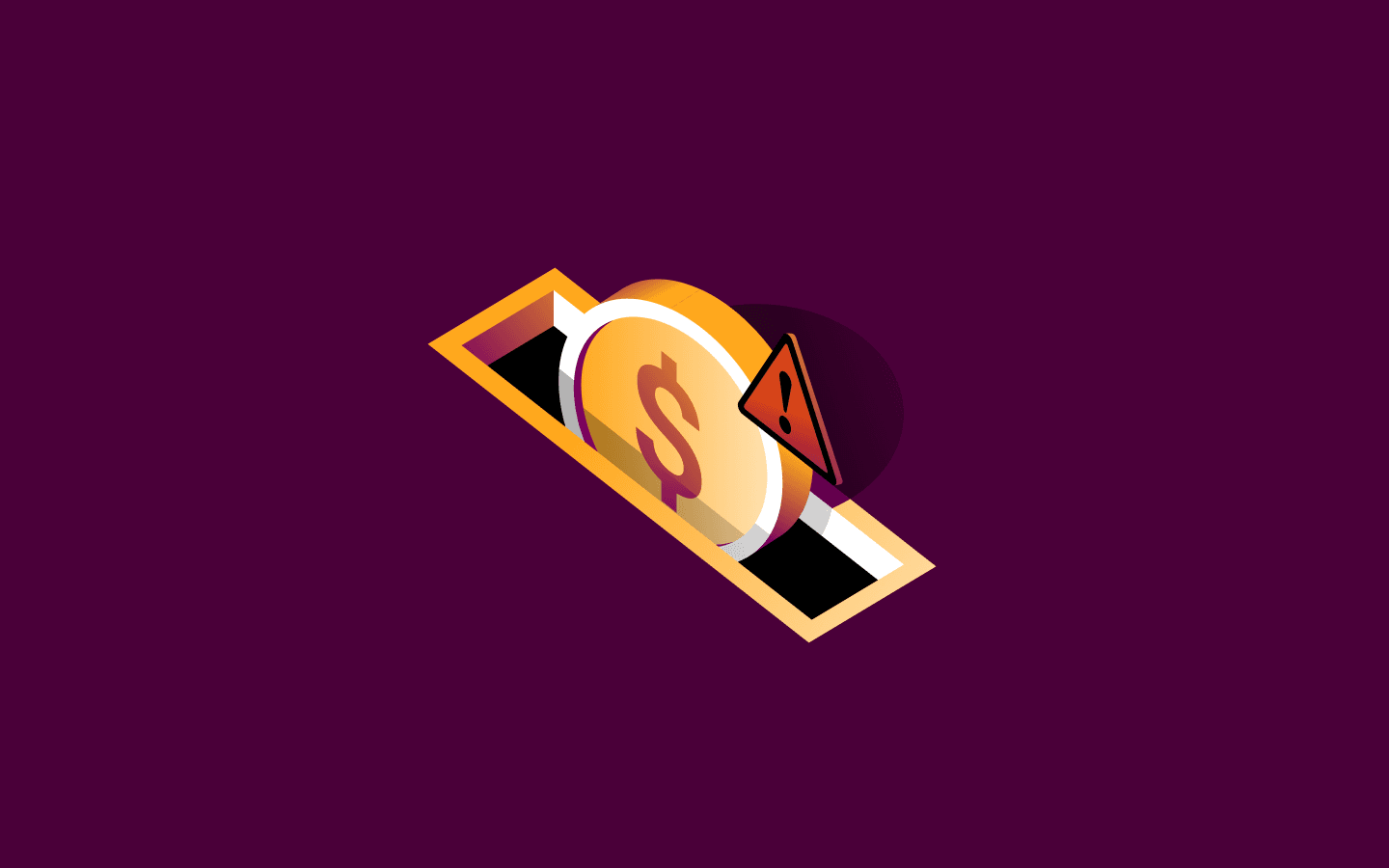 3D gold dollar coin with warning triangle on purple background, suggesting financial caution or alert.