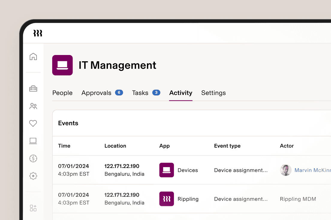 IT Management dashboard showing activity events with device assignments and unassignments from Bengaluru, India on 01/07/2024.