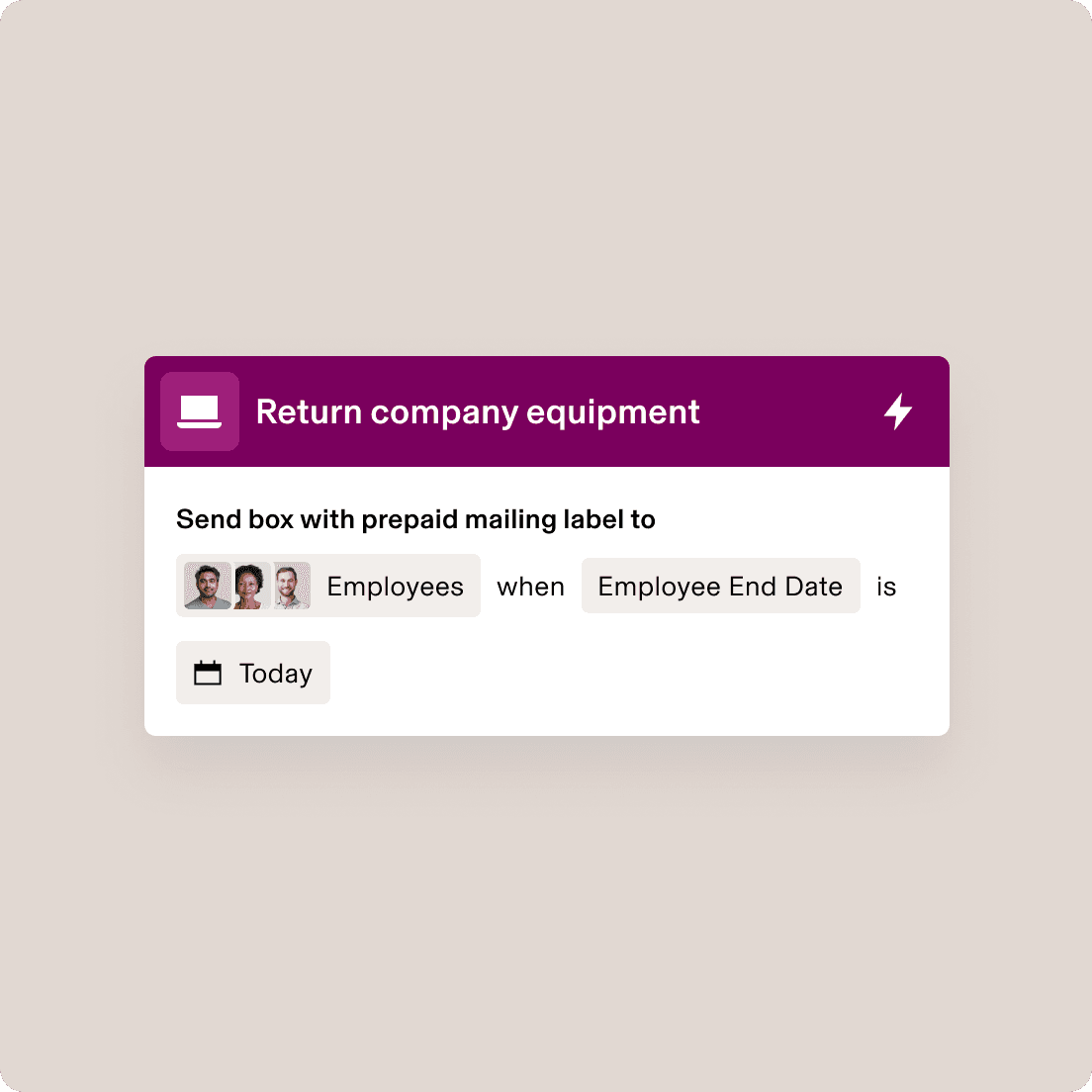 Mobile interface showing “Return company equipment” workflow with prepaid mailing label option for employees on their end date.
