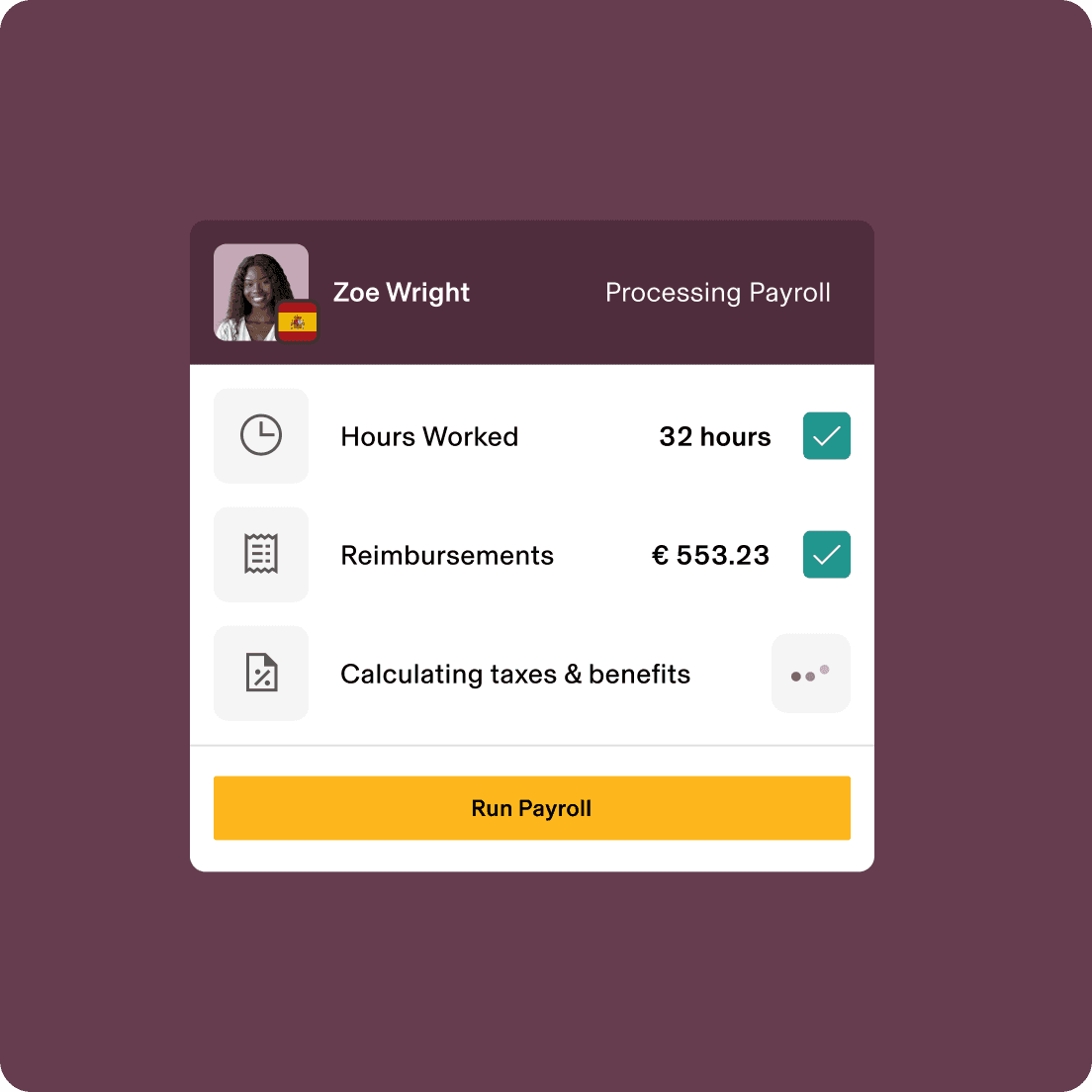 Payroll processing UI card for Zoe Wright showing 32 hours worked, €553.23 reimbursements, and a Run Payroll button.