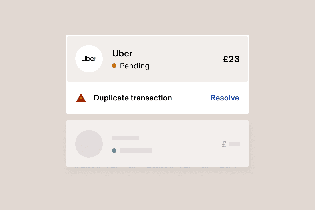 Benutzeroberfläche für eine Uber-Zahlung mit einer ausstehenden Zahlung über 23 $ mit Warnung vor einer doppelten Transaktion und einer Option zur Lösung.