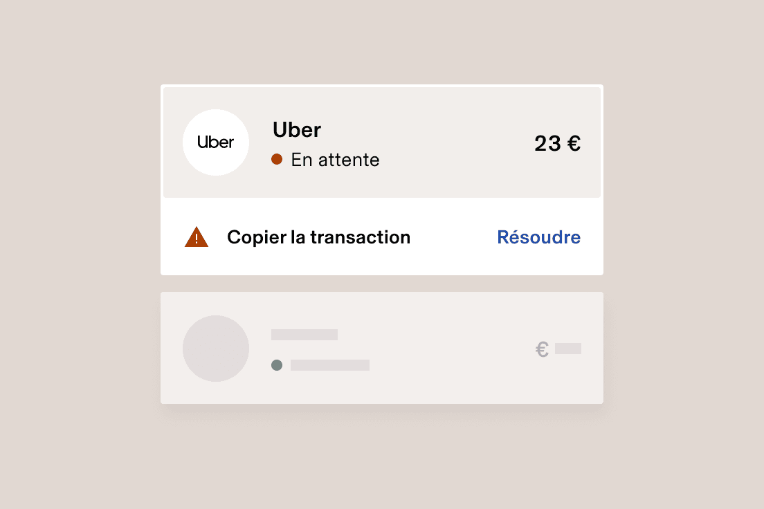 Interface de paiement Uber sur laquelle est affichée une transaction en attente de 23 $ avec un avertissement de doublon et une option de résolution.