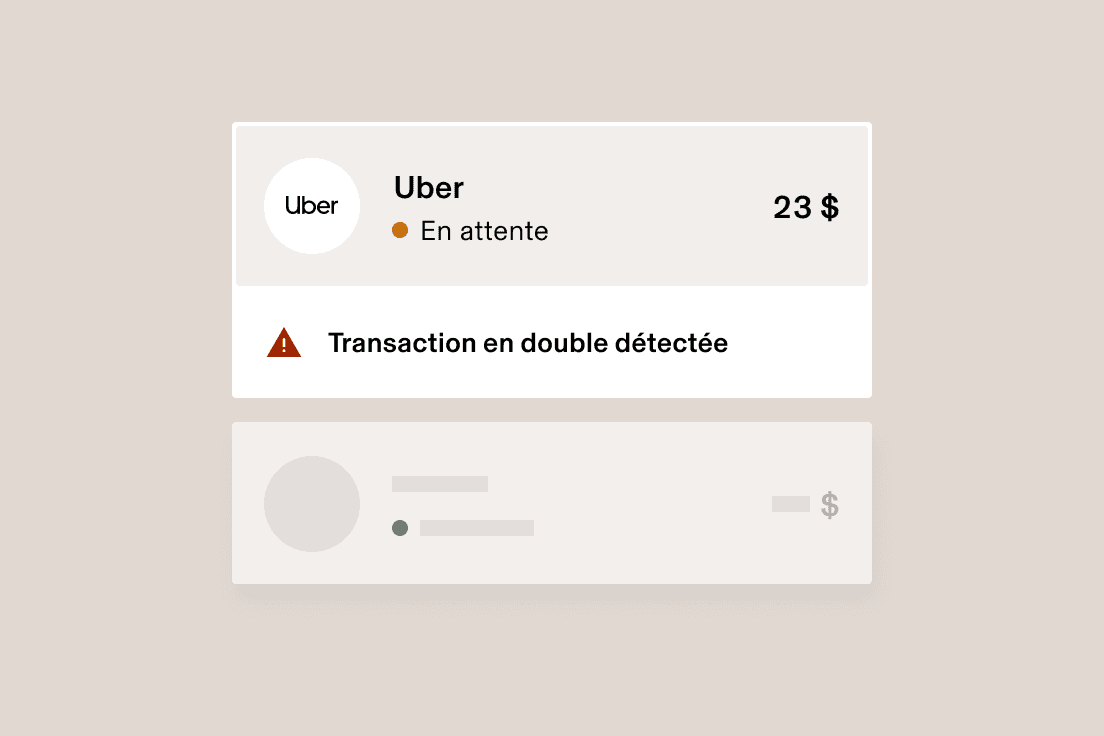 Interface de paiement Uber affichant une transaction en attente de 23 $ avec un avertissement de transaction en double et une option de résolution.