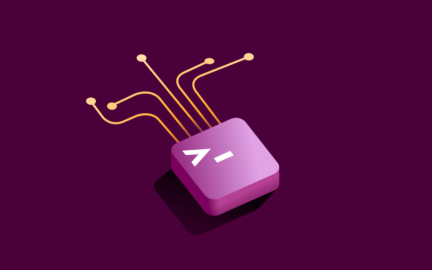 Purple command line key with terminal symbol and gold circuit lines extending from it on a deep purple background.