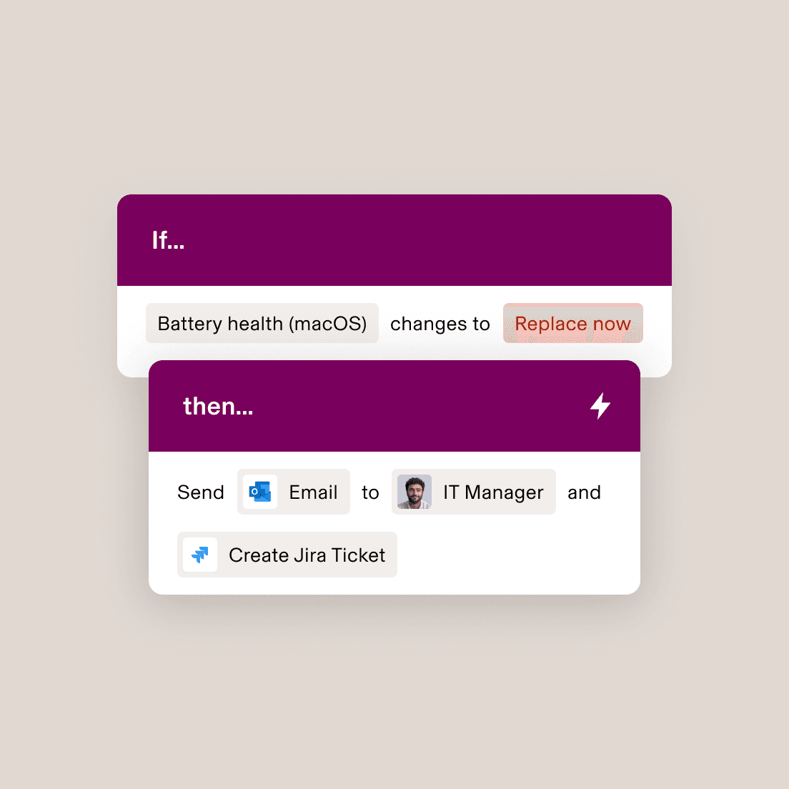 Automatisierungs-Workflow mit der Bedingung, dass der IT-Manager eine E-Mail erhält und ein Jira-Ticket angelegt wird, wenn der Batteriezustand „Jetzt tauschen“ lautet.