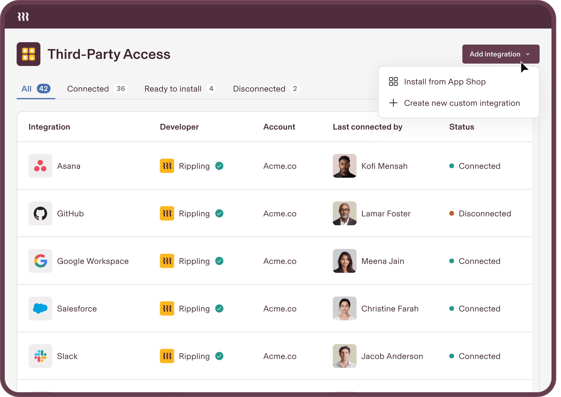 Example of Rippling's third party access hub.