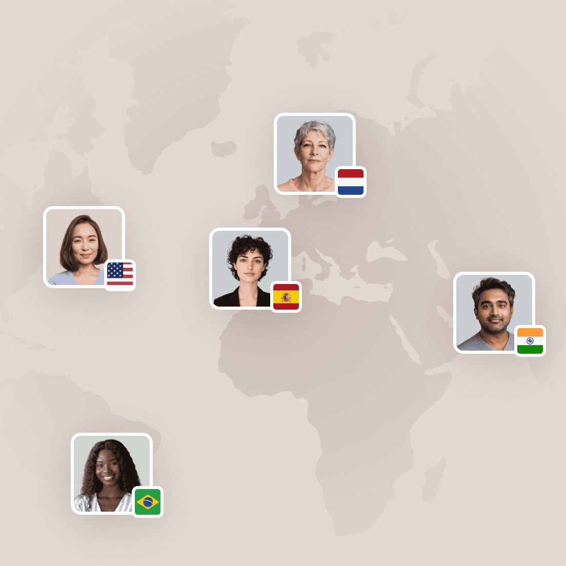 Photos de profil avec les drapeaux des États-Unis, des Pays-Bas, de l’Espagne, de l’Inde et du Brésil positionnées sur un fond de carte du monde.