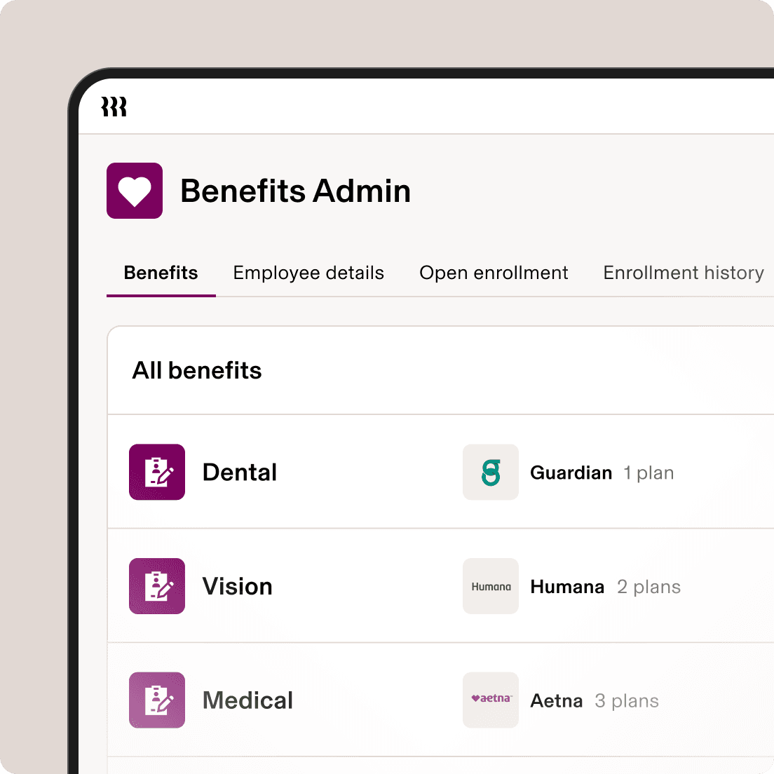 Screenshot of Benefits Admin screen in Rippling showing Dental, Vision, and Medical elections