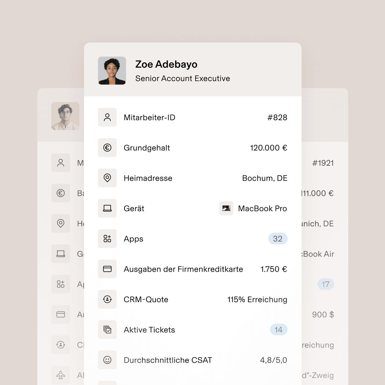 Foto einer Mitarbeiterin mit einer Liste von Geschäftsdaten wie Mitarbeiter-ID, Grundgehalt, zugewiesenes Gerät, aktive Tickets und durchschnittlicher Kundenzufriedenheits-Score