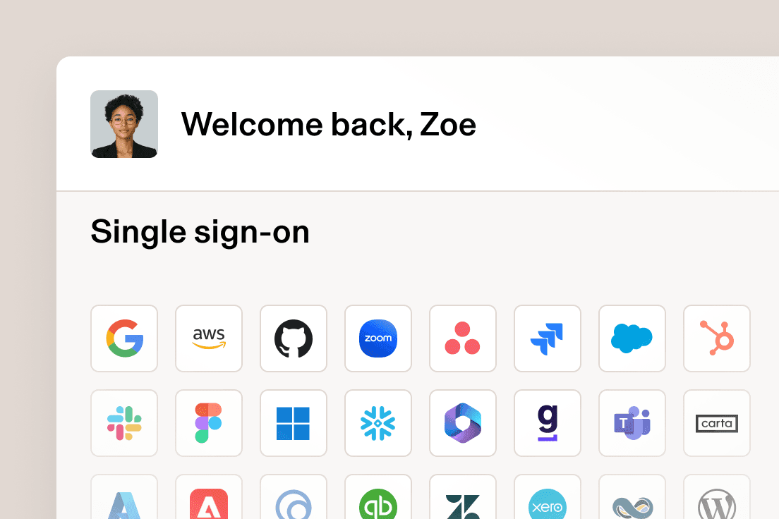 Single sign-on dashboard with welcome message and grid of app icons including Google, AWS, GitHub, Zoom and more.