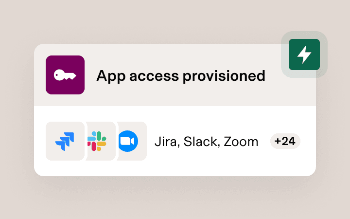 App-Zugriffsbenachrichtigung mit Bereitstellungsstatus; neben Jira, Slack und Zoom sind noch 24 weitere Apps verfügbar.