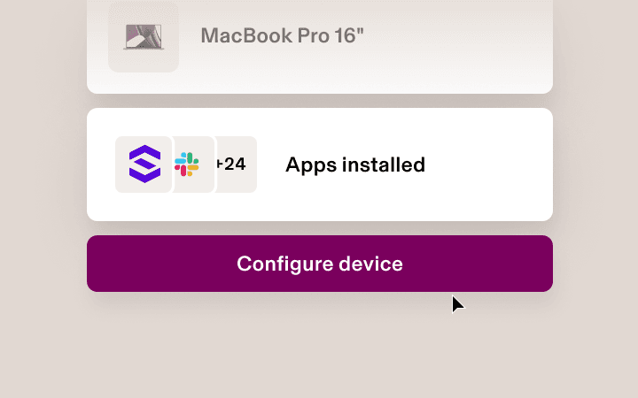 Benutzeroberfläche zum Gerätemanagement, die ein MacBook Pro 16" mit installierten Apps und einer violetten Schaltfläche zur Gerätekonfiguration darunter zeigt.