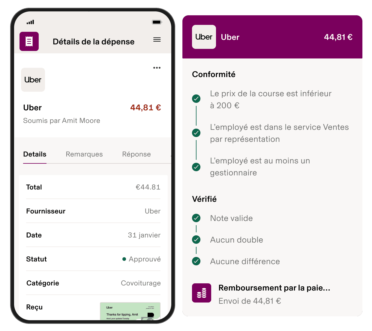 Application de dépenses mobile sur laquelle est affiché un montant de 44,81 $ approuvé pour une course Uber, avec les détails de la vérification de la politique et de défraiement.