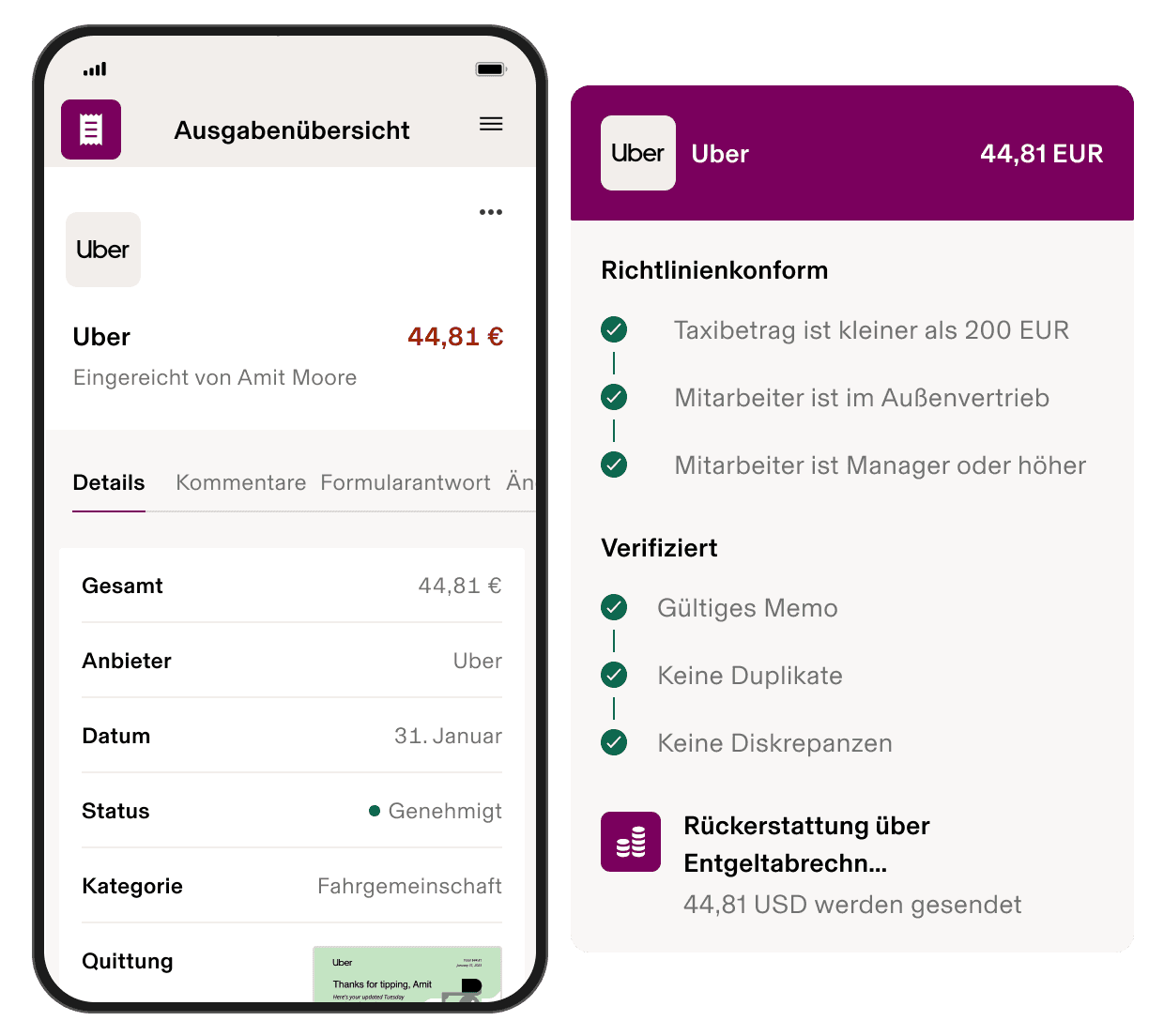 Mobile Ausgaben-App zeigt eine genehmigte Uber-Fahrt über 44,81 $ mit Richtlinienprüfung und Details zur Erstattung.