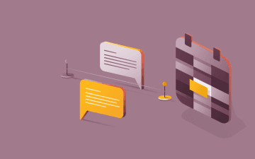 Graphic illustration of two messaging bubbles representing a conversation with a calendar icon next to them