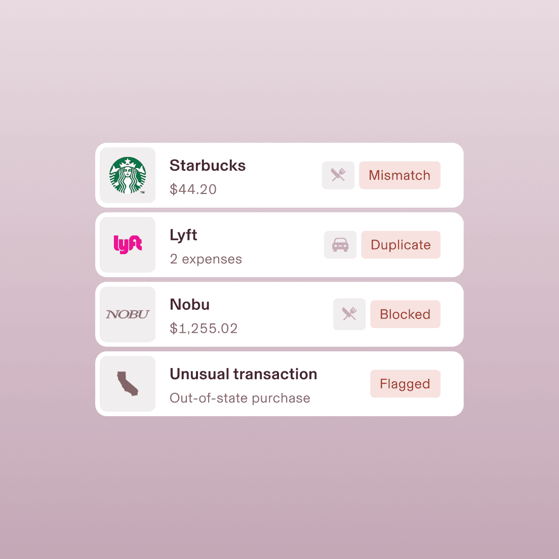 Example notifications in Rippling Spend showing expenses at Starbucks, Lyft, and Nobu, as well as a notification that says Unusual transaction and Out-of-state purchase