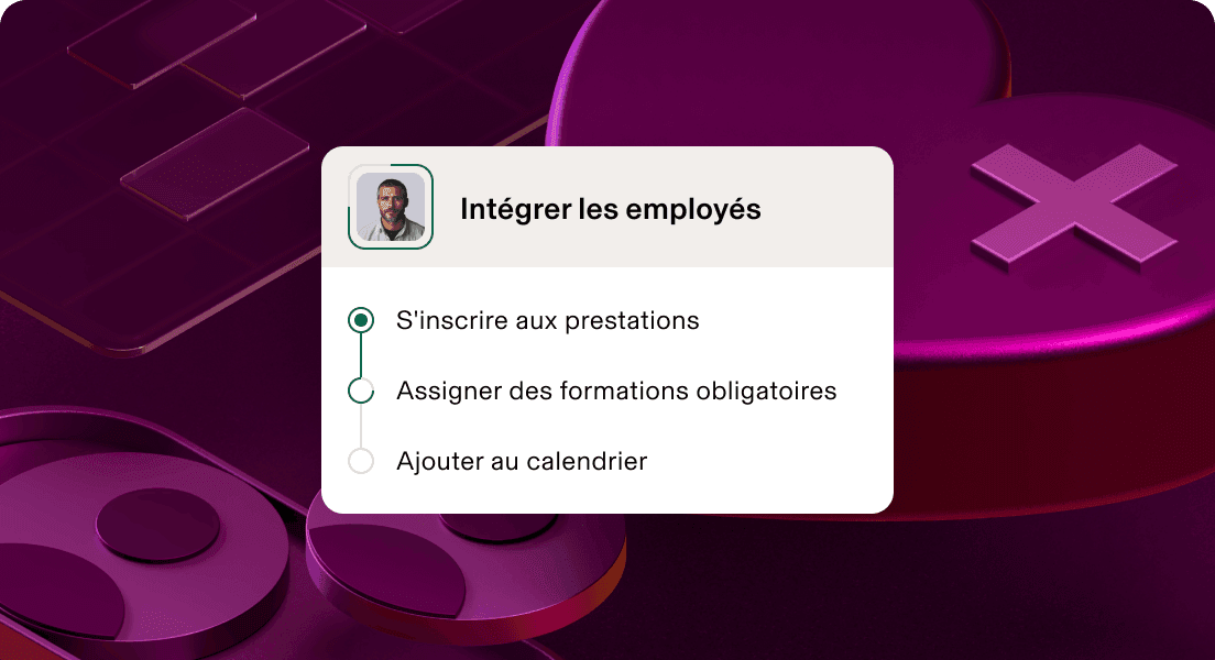 Interface d’accueil et intégration des employés indiquant que l’étape de l’inscription aux avantages sociaux est terminée, les étapes de formation et de planification étant en attente.
