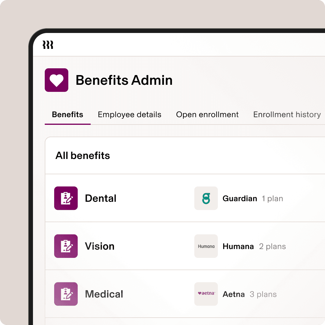 Benefits Admin-Dashboard mit Optionen für Kranken-, Zahn-, Sehkraft- und Lebensversicherungen der Anbieter Aetna, Guardian, Humana und MetLife an.