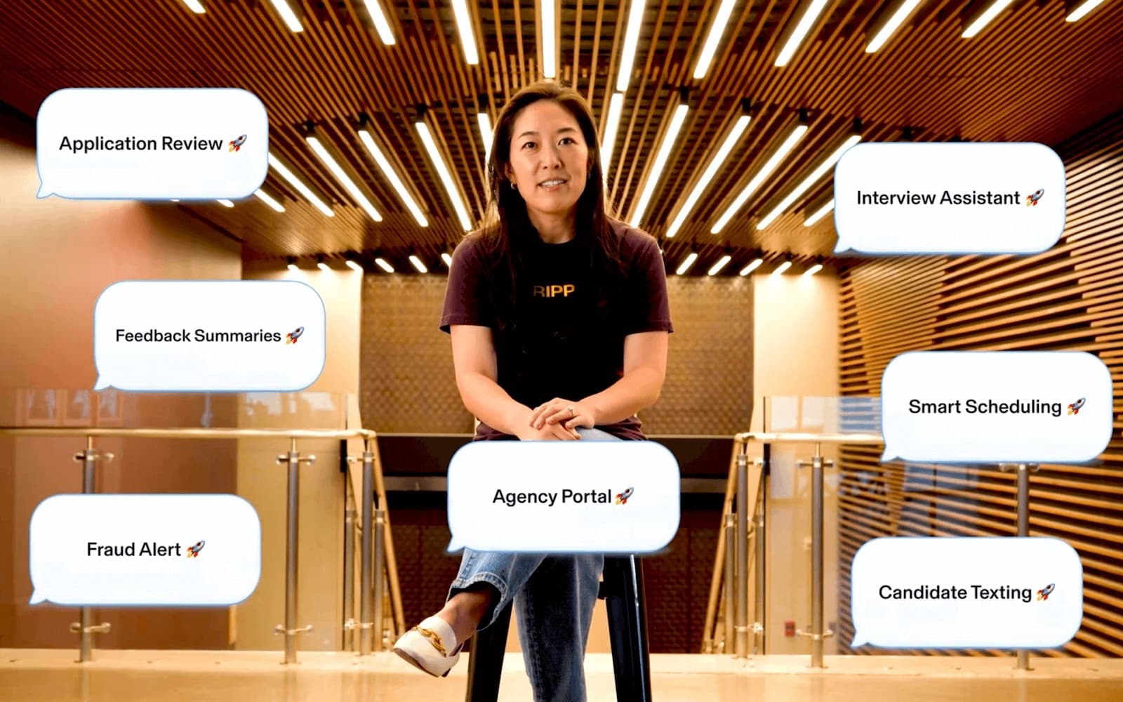 Rippler Sara Koo with text bubbles surrounding her with different recruiting features.