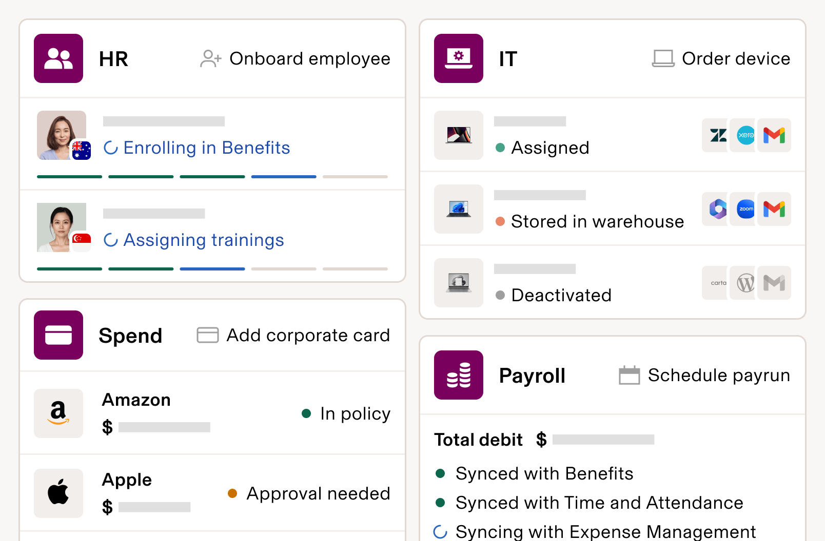 UI image showing the Rippling dashboard with screens from the Rippling HR, IT, Spend, and Payroll products