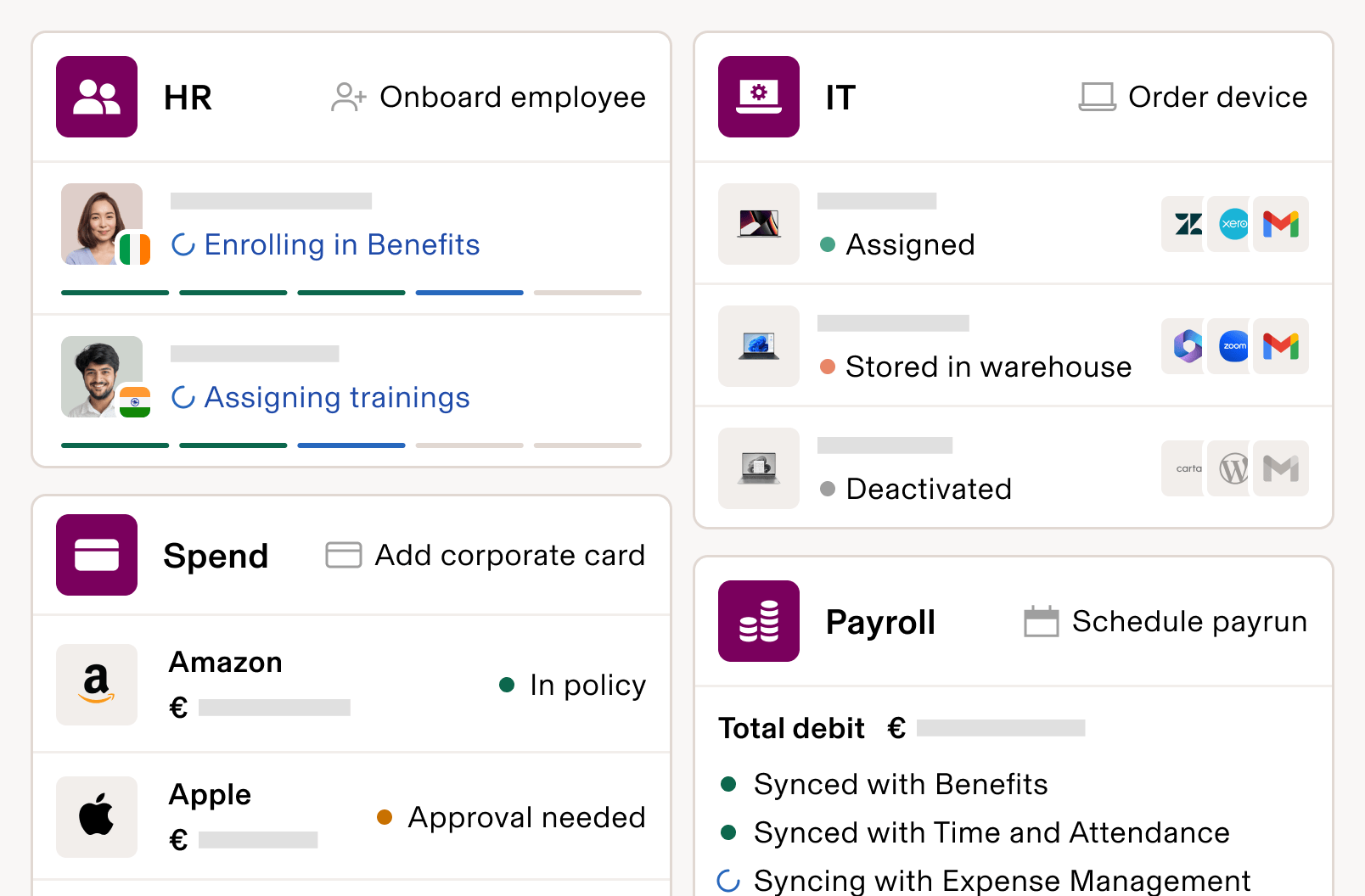 UI image showing the Rippling dashboard with screens from the Rippling HR, IT, Spend, and Payroll products