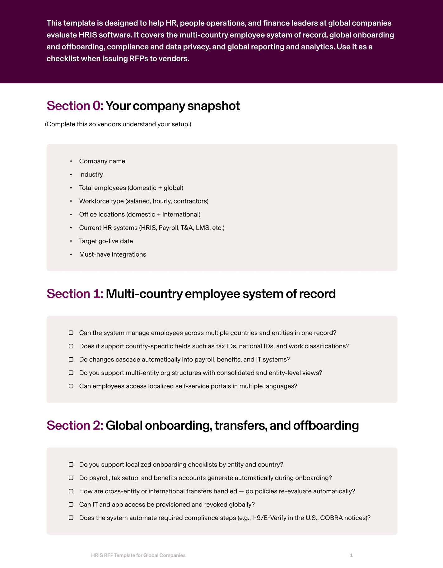 Preview of Rippling's HRIS RFP Template for Global Companies.