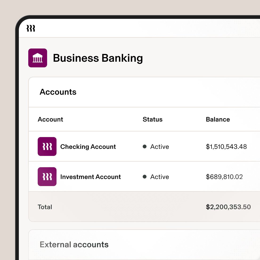 Business banking dashboard showing active checking and investment accounts and their balances.