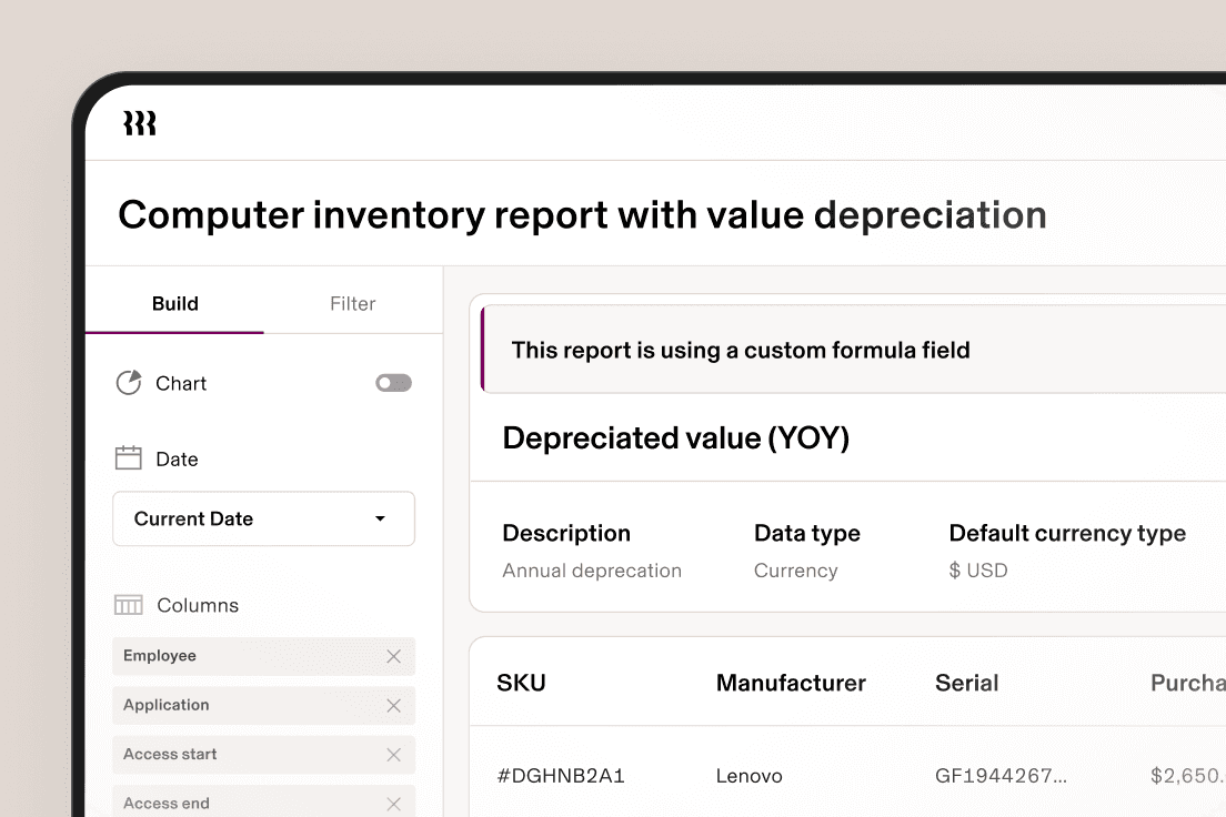 Computer inventory report interface showing depreciation tracking with filtering options and equipment details from Lenovo, Apple and Samsung.
