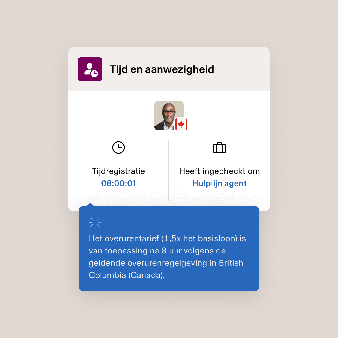 Interface voor tijd en aanwezigheid toont 08:00:01 geregistreerd voor een medewerker van Support, met overurenmelding voor British Columbia.
